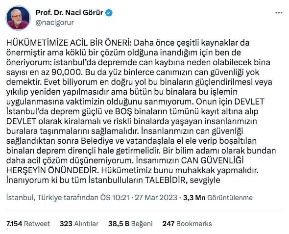 İstanbul depremi uyarısı 'acil bir öneri deyip paylaştı!