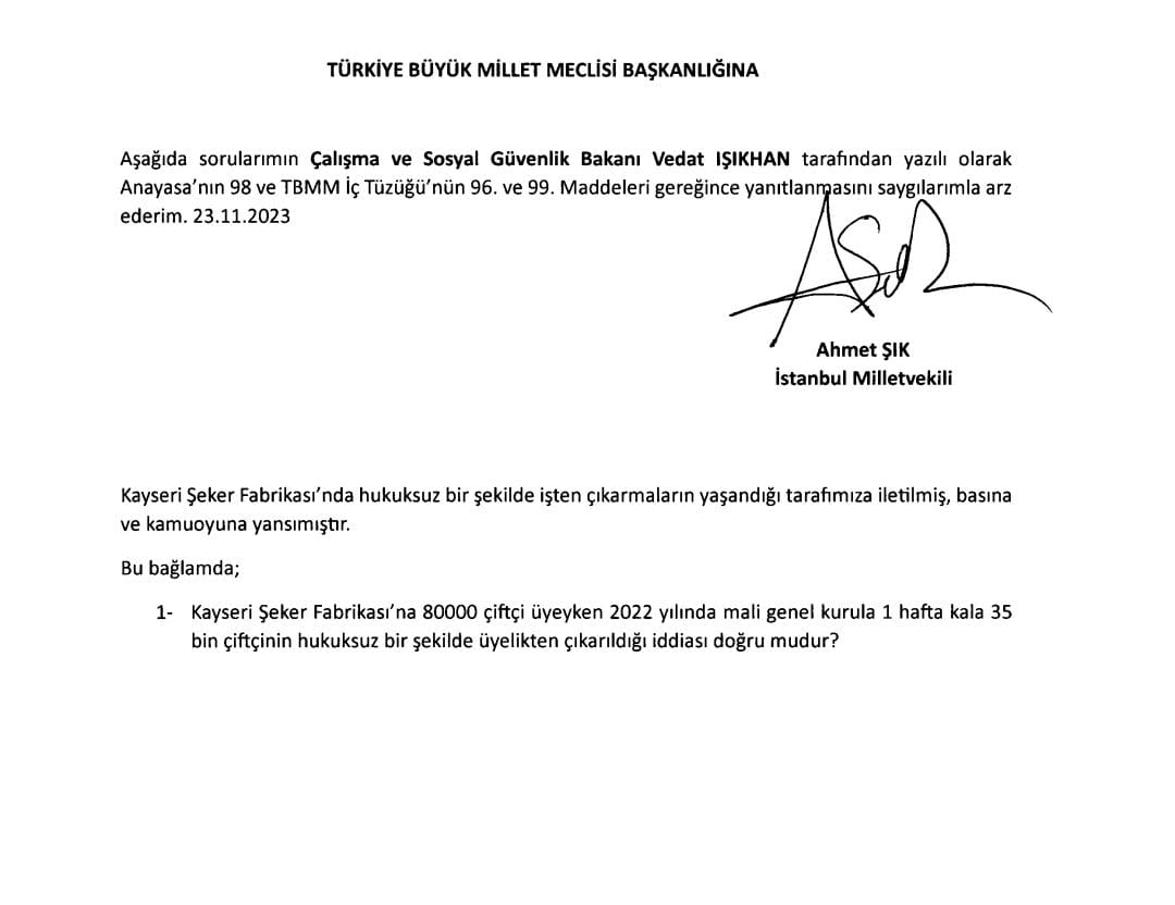 Gazeteci-Yazar Ahmet Şık, Kayseri Şeker'de yaşanan ve gündeme gelen bazı olayları Meclis gündemine taşıdı!