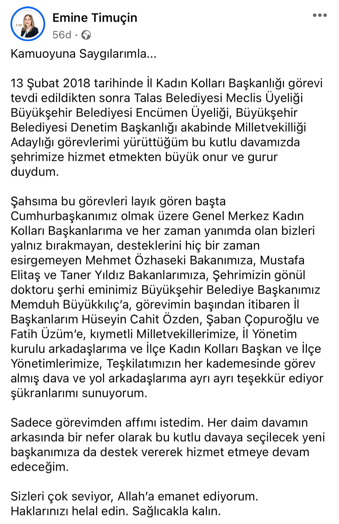 AK Parti Kadın Kolları İl Başkanı Timuçin, “Sadece görevimden affımı istedim. Her daim davamın arkasında bir nefer olarak hizmet etmeye devam edeceğim”