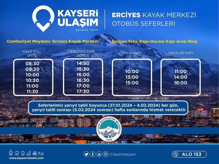 Kayseri Büyükşehir’den Erciyes otobüs seferlerine ‘yarıyıl tatili’ düzenlemesi!