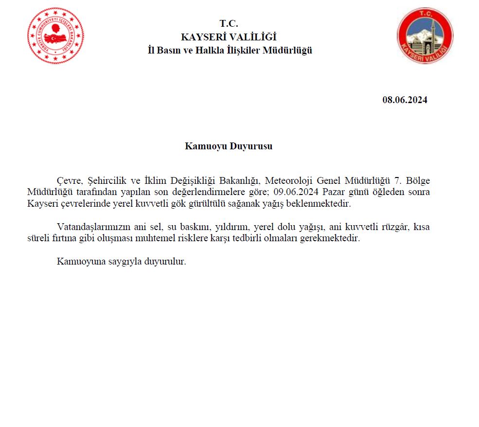 Kayseri Valiliği Uyardı!