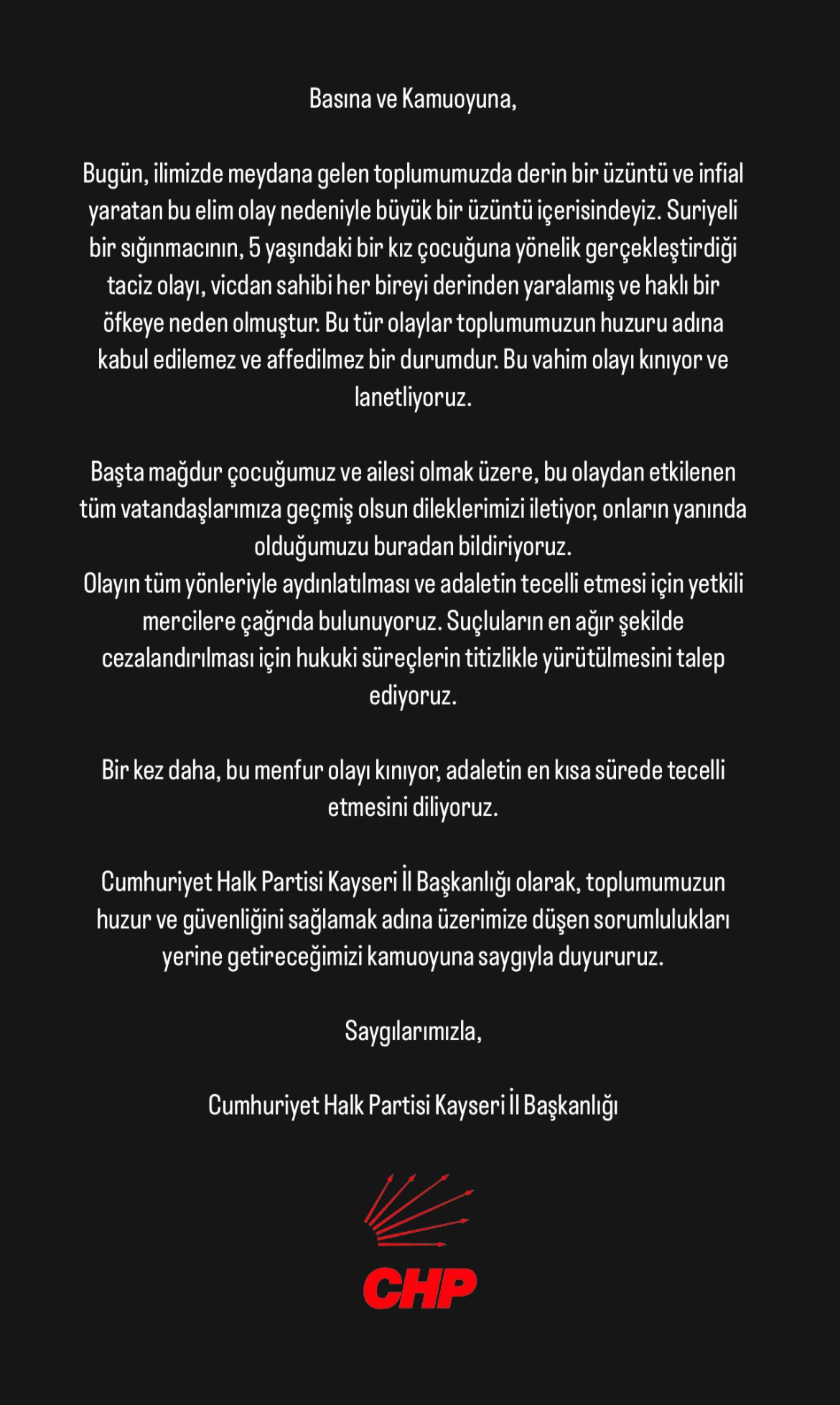 Cumhuriyet Halk Partisi Kayseri İl Başkanlığı'ndan Kınama ve Açıklama!