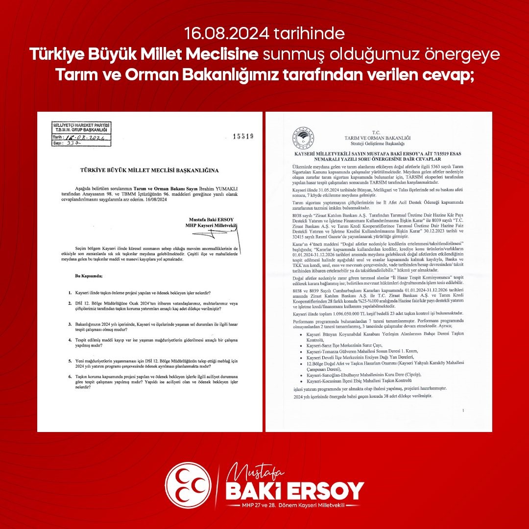 Tarım ve Orman Bakanlığı’ndan MHP’li Ersoy’un önergesine cevap geldi!