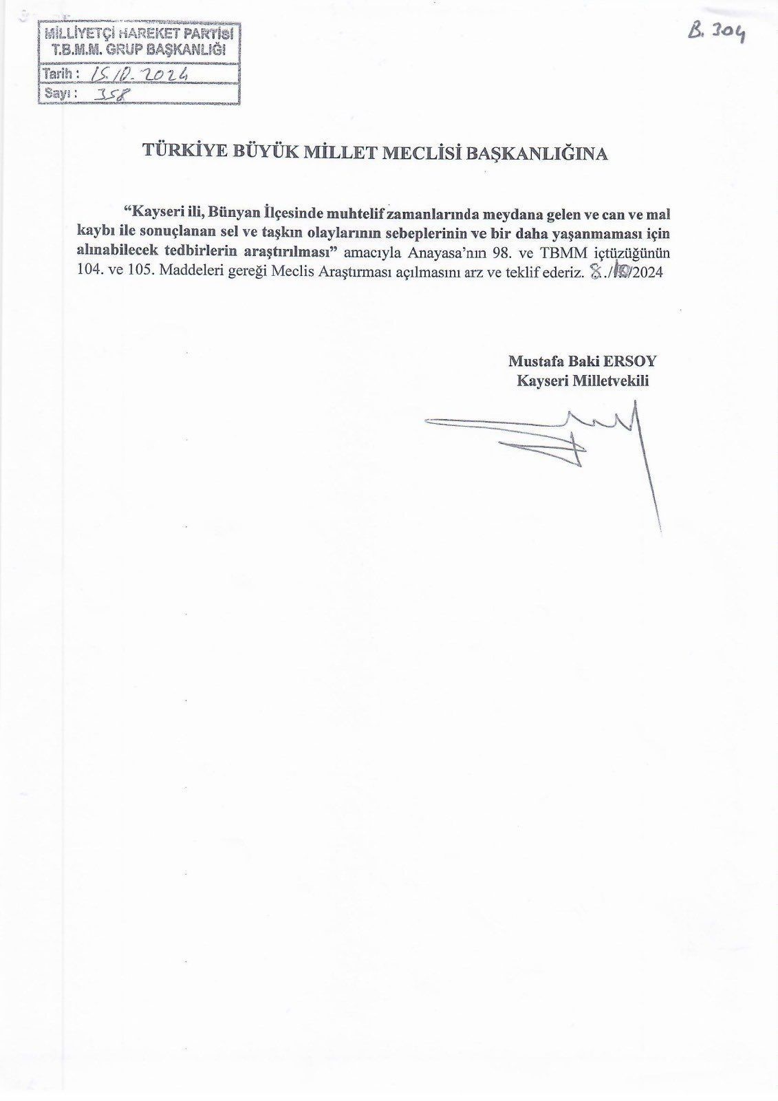 MHP’li Ersoy’dan Bünyan için meclis araştırma önergesi!