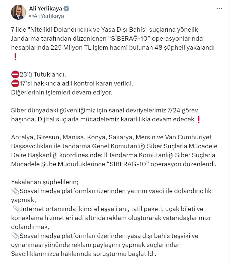 Bakan Yerlikaya: 'Siberağ-10' operasyonlarında 23 şüpheli tutuklandı!