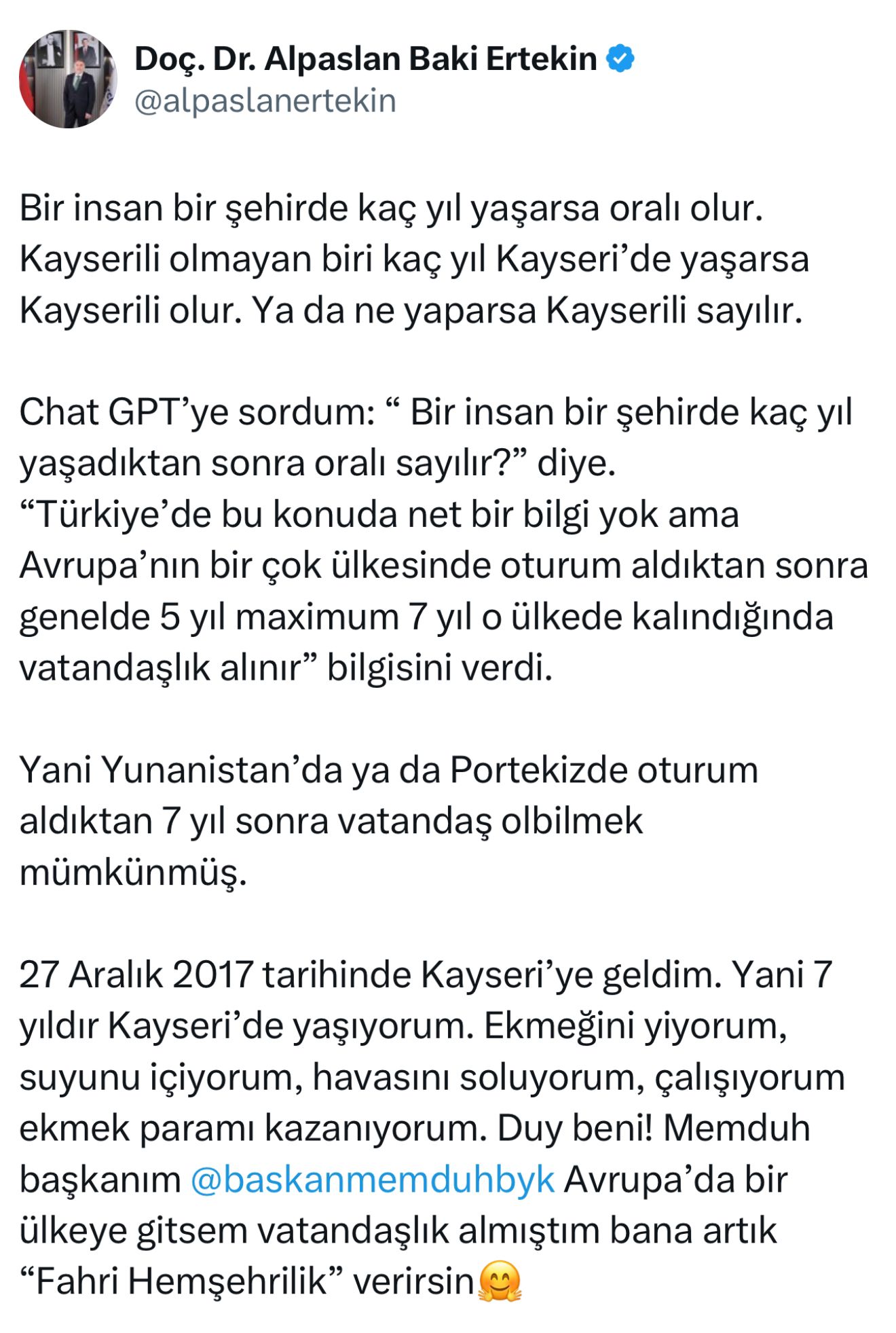 Alpaslan Baki Ertekin’den Memduh Büyükkılıç’a "Fahri Hemşehrilik" Çağrısı!