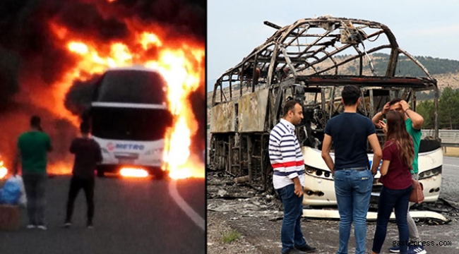 Yolcu otobüsü alev alev yandı