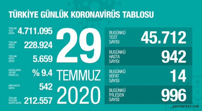Türkiye'deki koronavirüs vaka ve ölü sayısında son durum (29 Temmuz 2020)