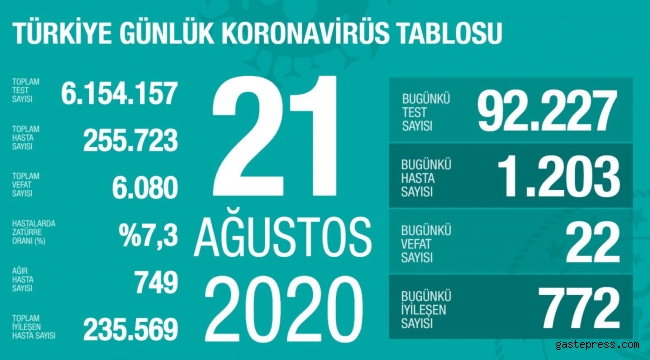 21 Ağustos 2020 Türkiye'de Koronavirüs'de Son Durum!