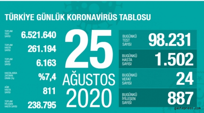 Türkiye'de Vaka Sayısı Kaç Oldu! (25 Ağustos 2020)