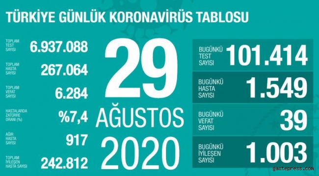 Türkiye'deki corona virüsü vaka ve ölü sayısında son durum (29 Ağustos 2020)