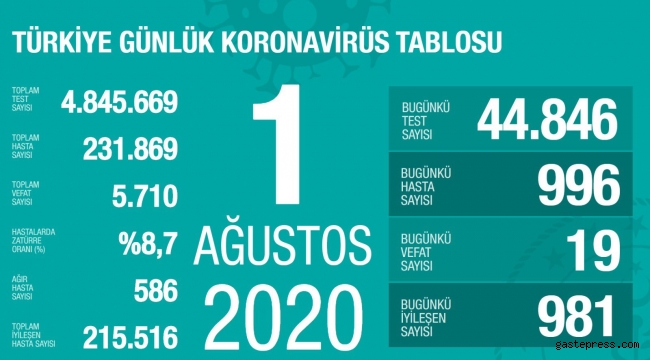Türkiye'deki koronavirüs vaka ve ölü sayısında son durum (1 Ağustos Cumartesi)