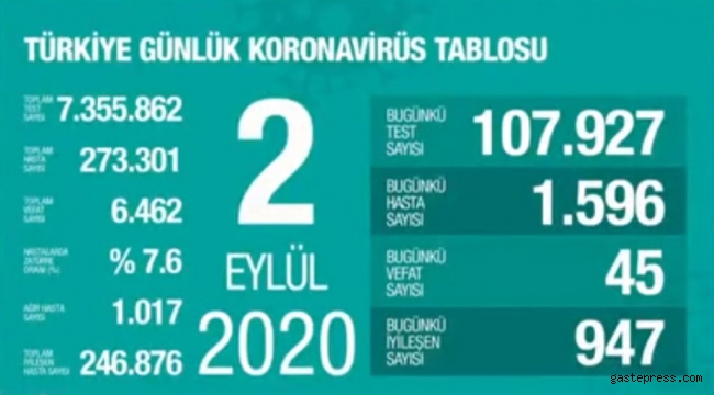 2 Eylül'de Türkiye'deki koronavirüs tablosu! Vaka, ölü sayısı ve son durum açıklandı!