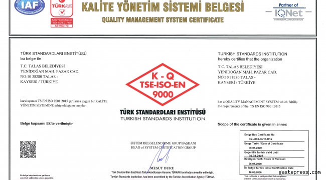 Kaliteli Tescili Tescilli Belediye 'Talas'