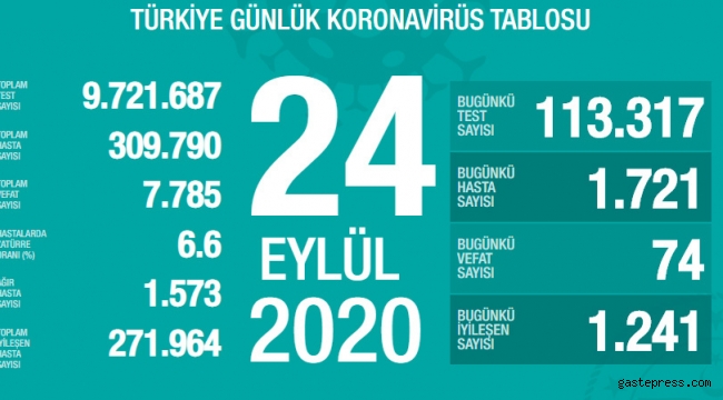 Türkiye'deki corona virüsü vaka ve ölü sayısında son durum (24 Eylül 2020)