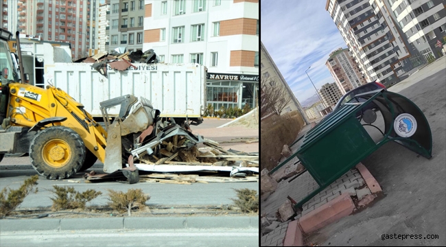 Kayseri'de fırtına, otobüs duraklarını devirdi, çatıları uçurdu!