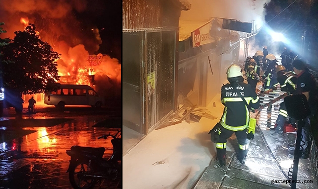 Kayseri'de 3 dükkan ve bir minibüs alev alev yandı!