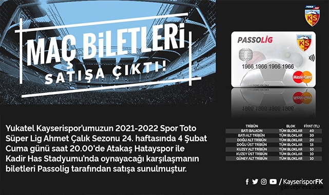 Kayserispor- Hatayspor maç bilet fiyatları!