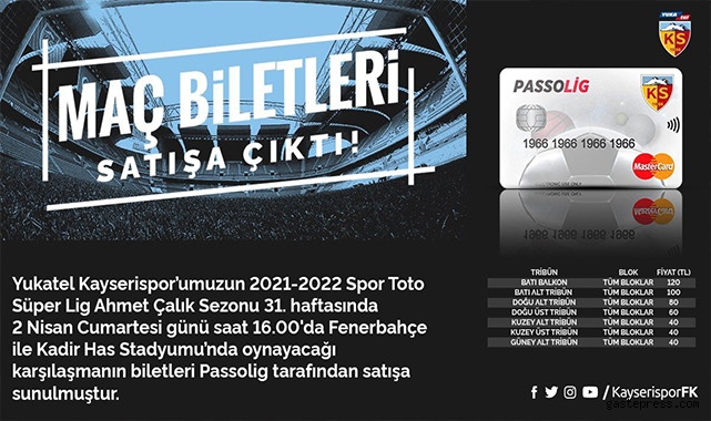 Kayserispor Fenerbahçe maçı biletleri satışa sunuldu!