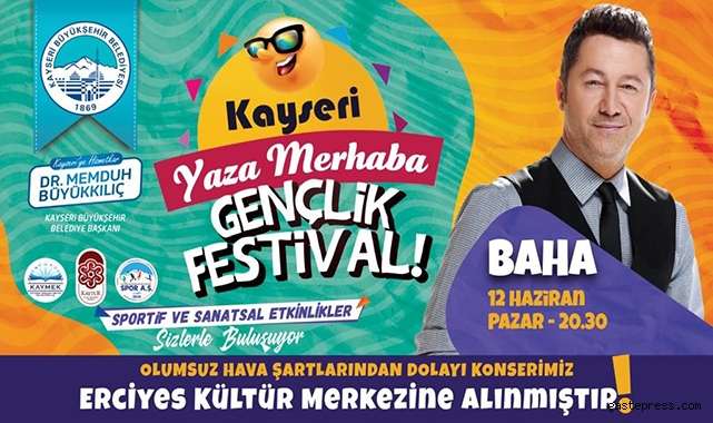 Kayseri Büyükşehir'in hafta sonu gerçekleşecek Gençlik Festivali konserleri Erciyes Kültür Merkezi'ne alındı!