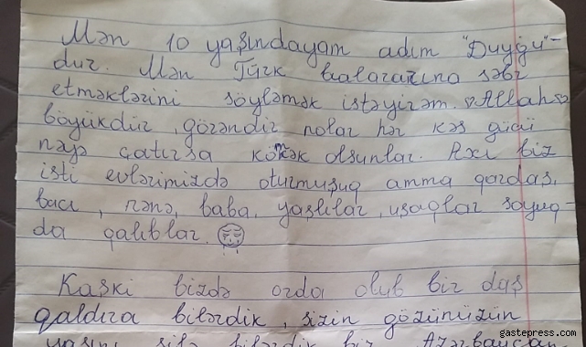Azerbaycanlı çocuktan yürekleri ısıtan mektup!