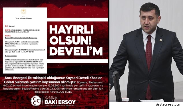 Milletvekili Baki Ersoy'dan 41 Milyon 645 bin TL'lik Müjde!