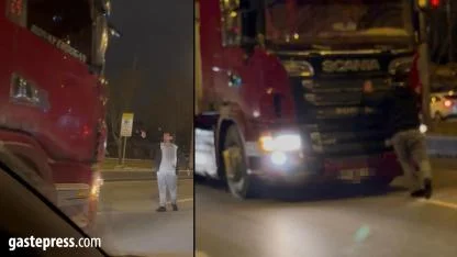 Tırın Önüne Geçerek Trafiği Durdurdu!
