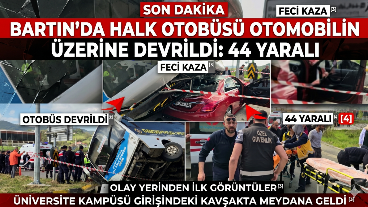 Bartın’da halk otobüsü otomobilin üzerine devrildi: 44 yaralı