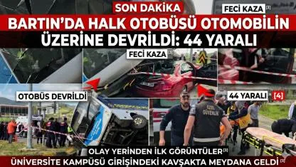 Bartın’da halk otobüsü otomobilin üzerine devrildi: 44 yaralı