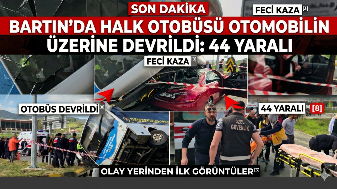 Bartın’da halk otobüsü otomobilin üzerine devrildi: 44 yaralı