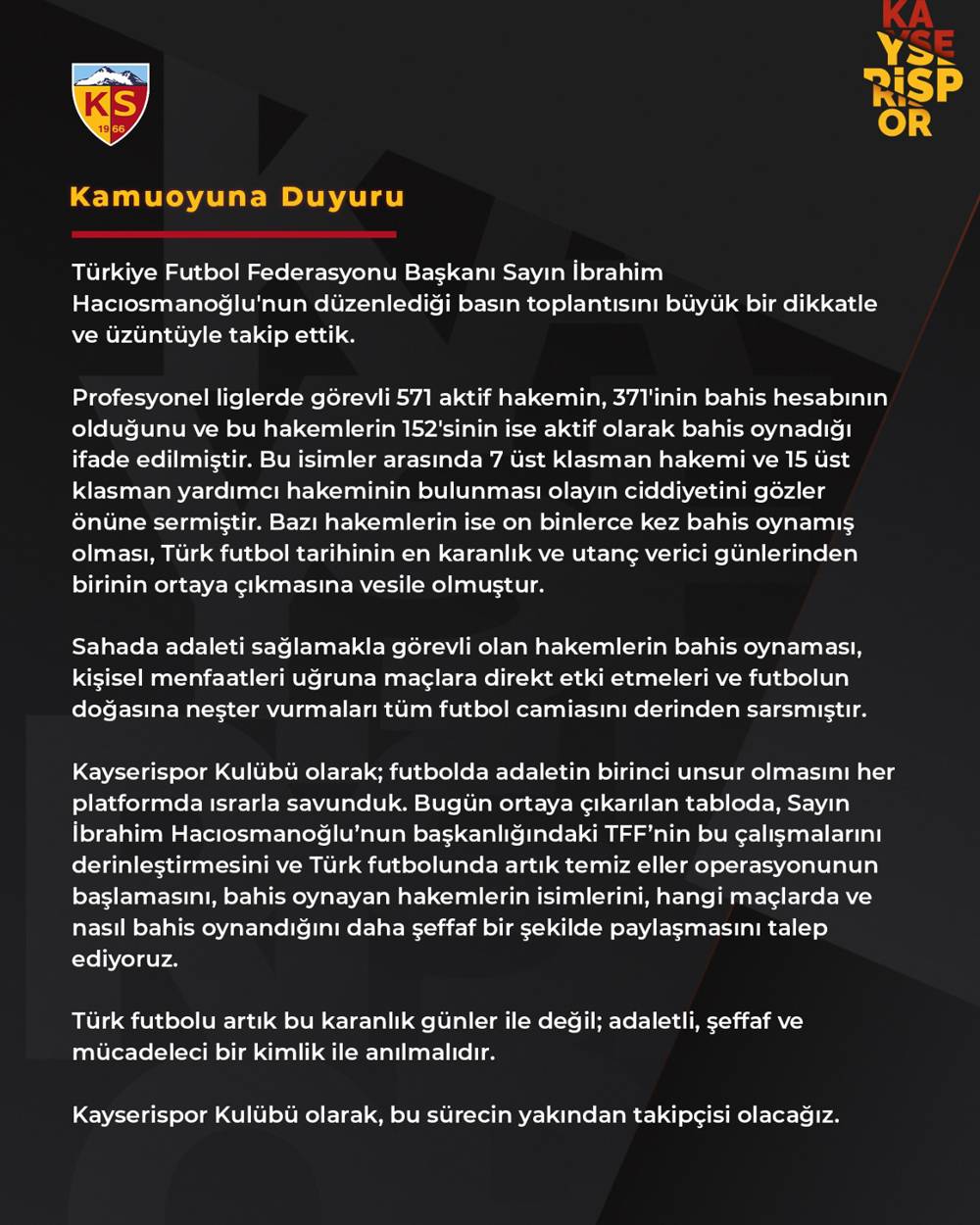 Kayserispor’dan TFF’ye “Temiz Eller Operasyonu” Çağrısı!