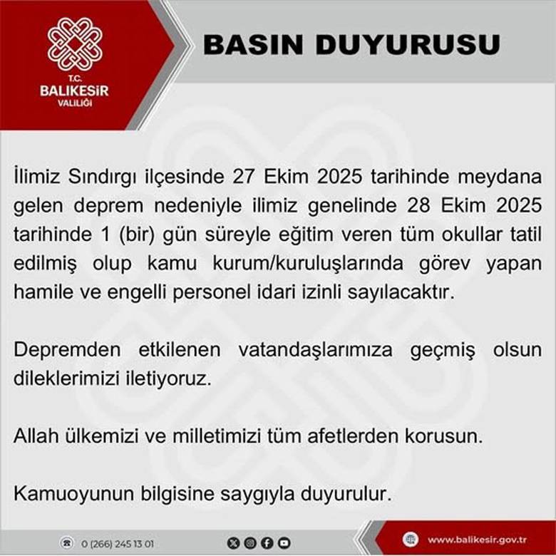 Balıkesir’de okullar deprem nedeniyle 1 gün tatil edildi!