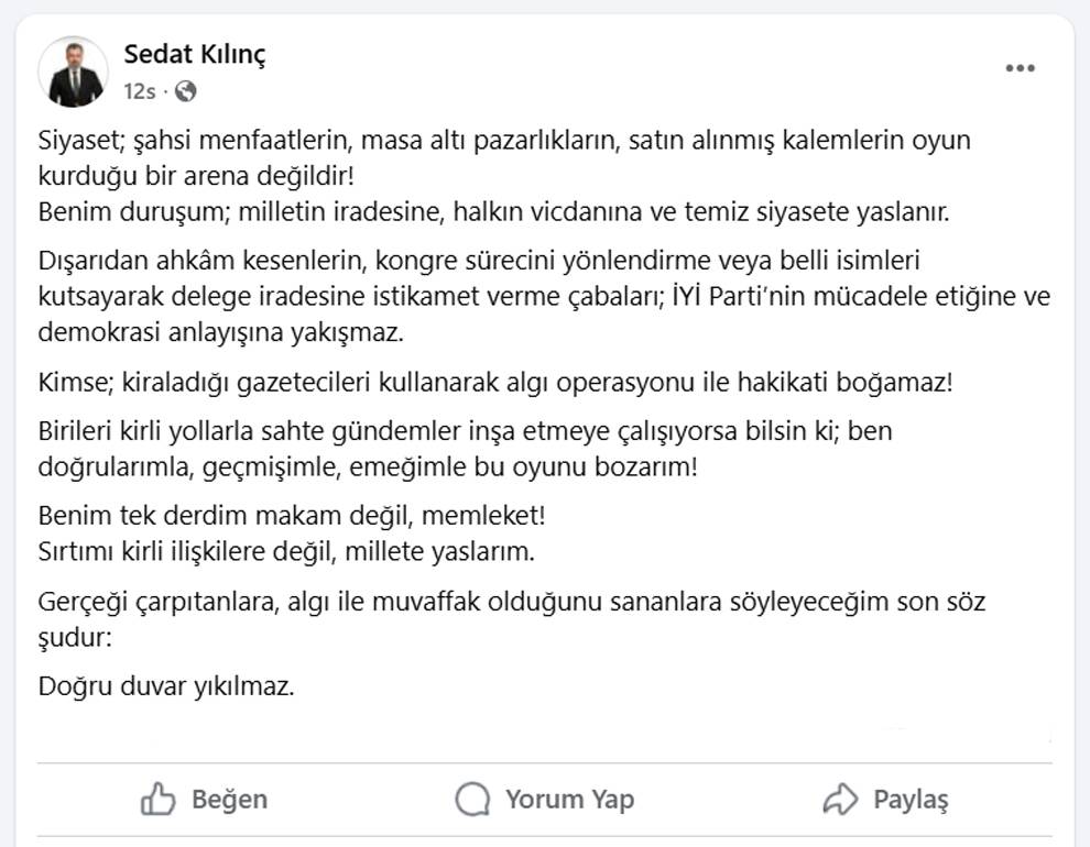 İYİ Parti Genel Başkan Başdanışmanı Sedat Kılınç’tan “Algı operasyonu” tepkisi: “Siyaset kirli pazarlıkların arenası değildir”
