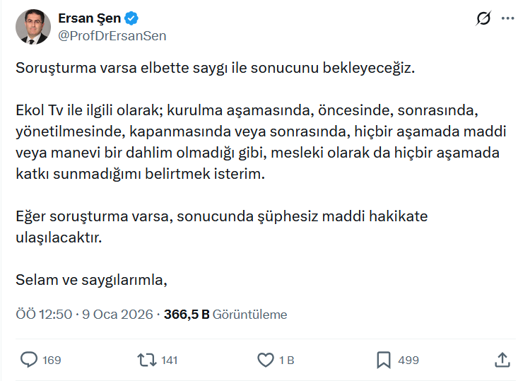 Ersan Şen’den Ekol TV Açıklaması: “Hiçbir Aşamada Dahlim Olmadı”